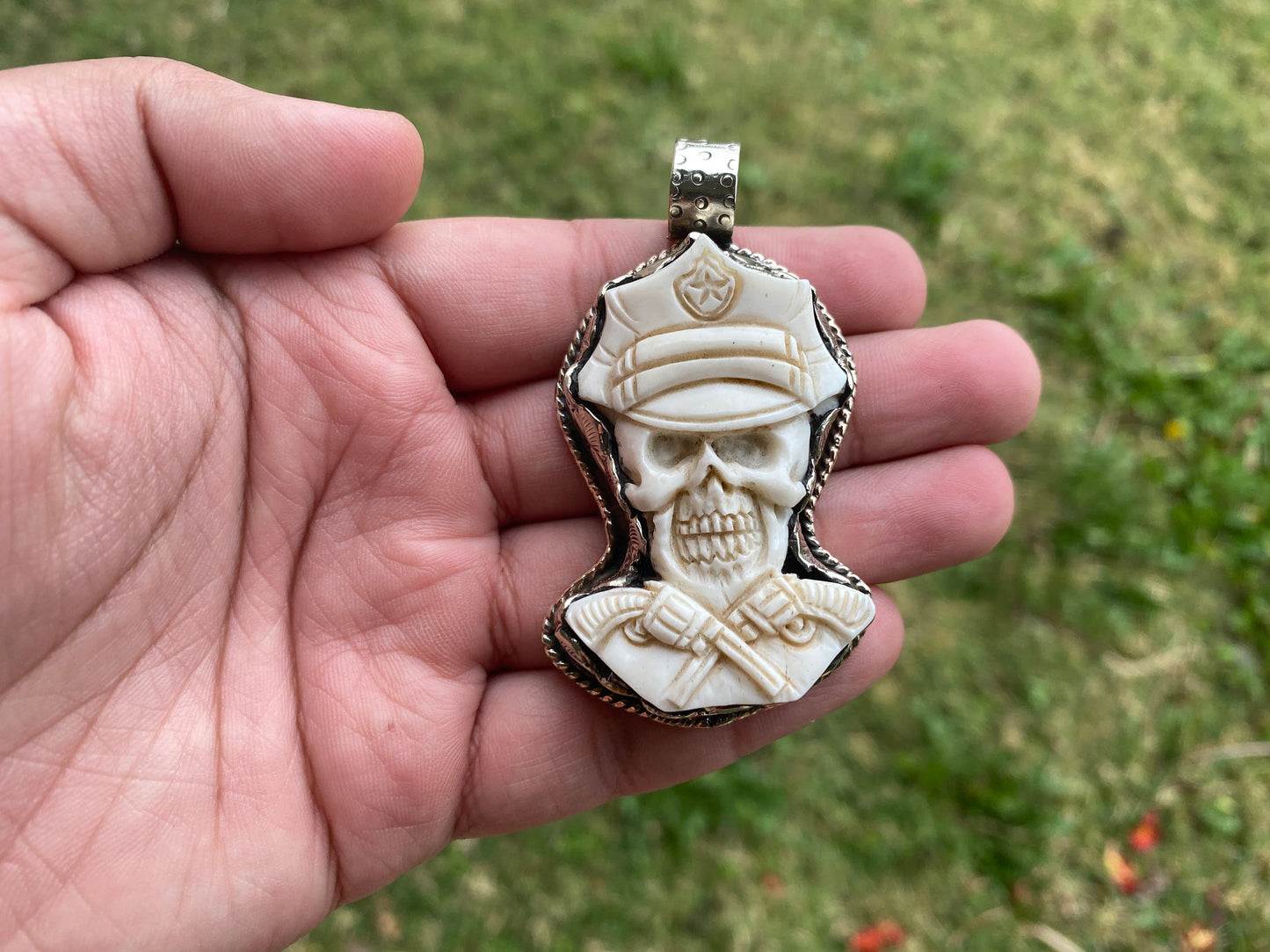 Pirate Captain Skull with Gun Bone Carved Tibetan Silver Pendant, Pirate Skull Pendant for Necklace, Gift for Sailor, Sailor Jewelry, Boho