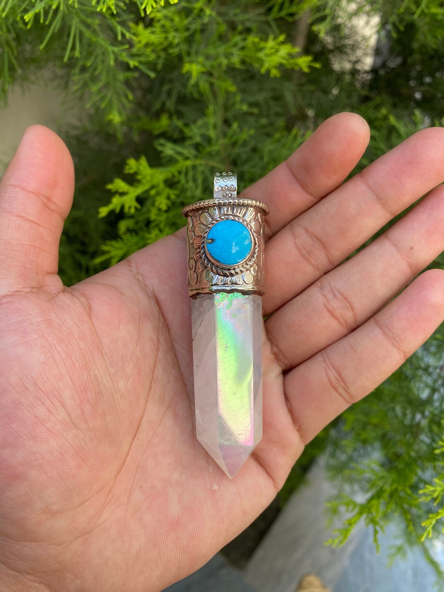 Pointed Crystal Amulet with Turquoise: Celestial Elegance, Pointed crystal pendant