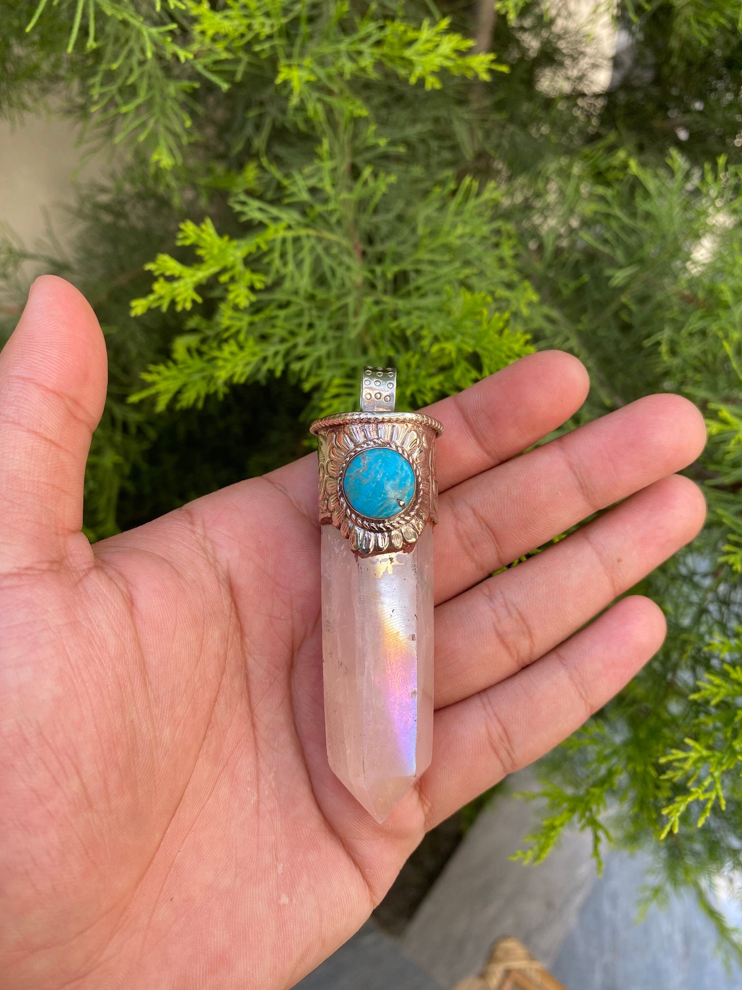 Pointed Crystal Amulet with Turquoise: Celestial Elegance, Pointed crystal pendant