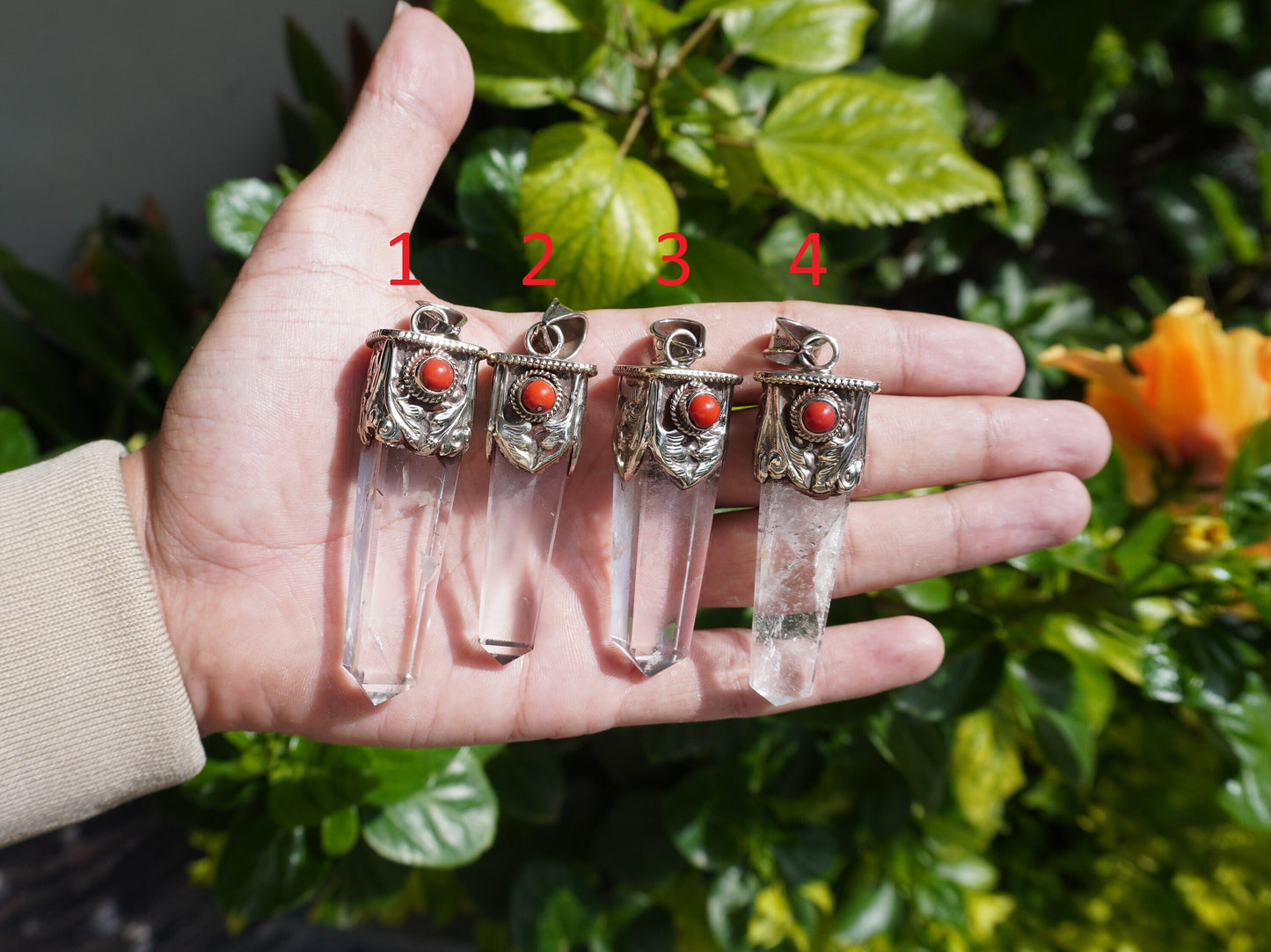 Pointed Crystal with Red Coral Tibetan Silver Pendant | Daily Wear Pendant, Wand Healing Crystal, Unisex Pendant, Nature Inspired Jewelry
