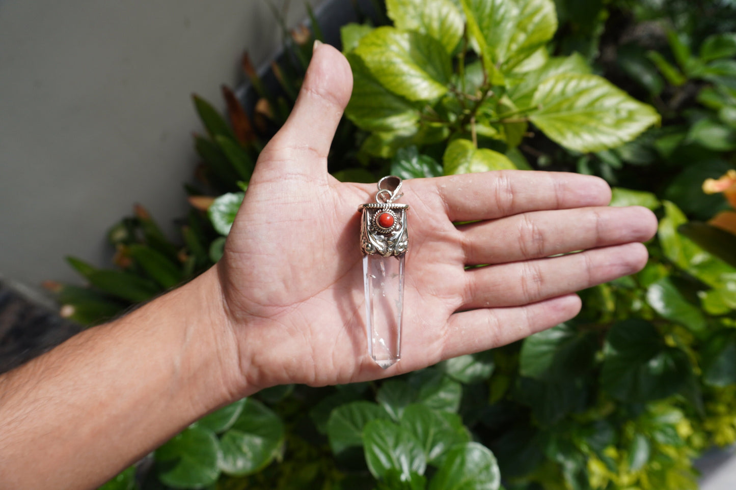 Pointed Crystal with Red Coral Tibetan Silver Pendant | Daily Wear Pendant, Wand Healing Crystal, Unisex Pendant, Nature Inspired Jewelry