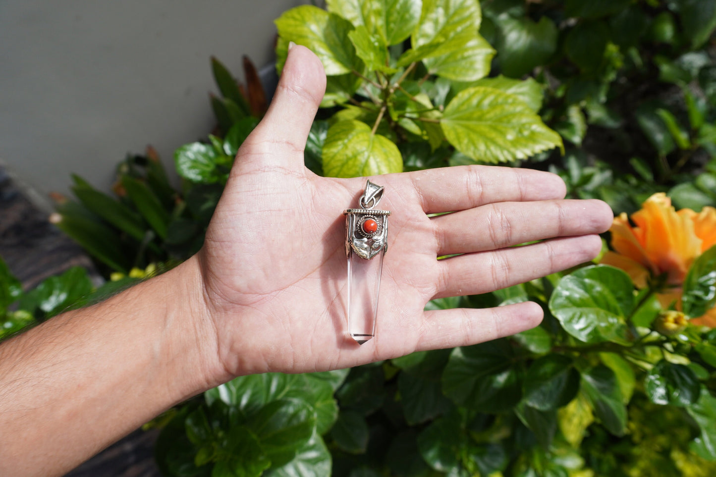 Pointed Crystal with Red Coral Tibetan Silver Pendant | Daily Wear Pendant, Wand Healing Crystal, Unisex Pendant, Nature Inspired Jewelry
