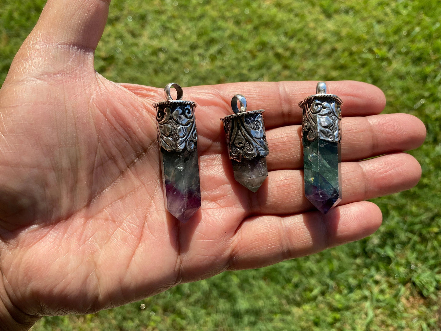 Pointed Fluorite Natural Stone Sterling Silver Pendant, Healing Point Crystal, Fluorite Gemstone Point, Rainbow Fluorite, Tibetan Pendant