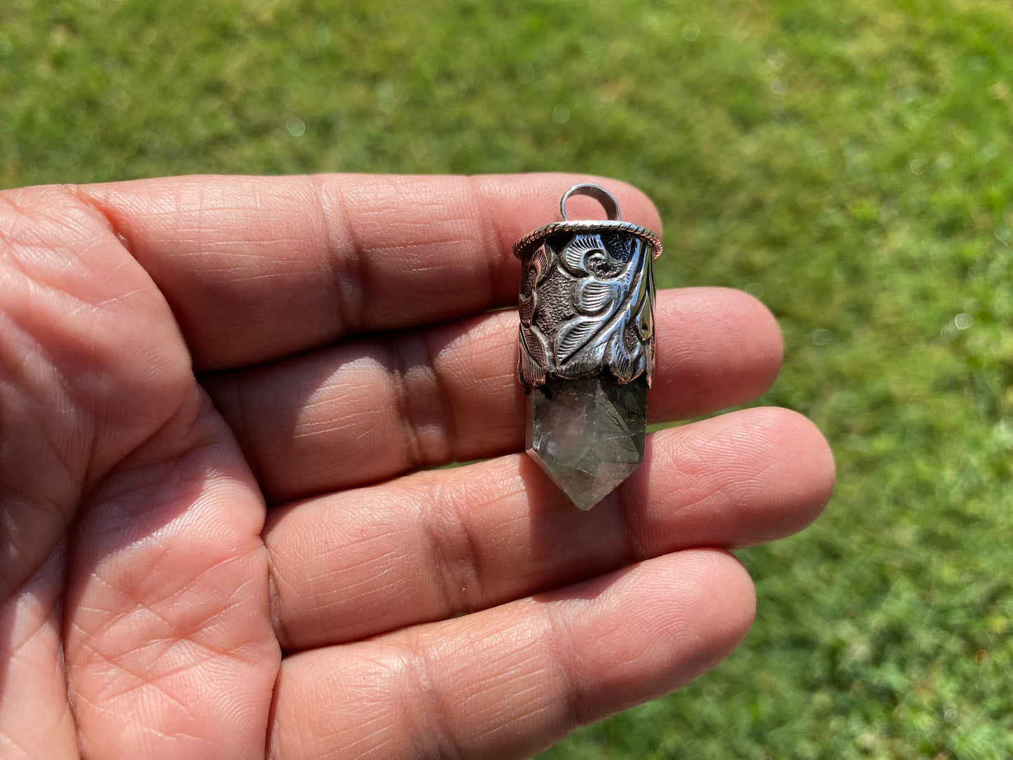 Pointed Fluorite Natural Stone Sterling Silver Pendant, Healing Point Crystal, Fluorite Gemstone Point, Rainbow Fluorite, Tibetan Pendant