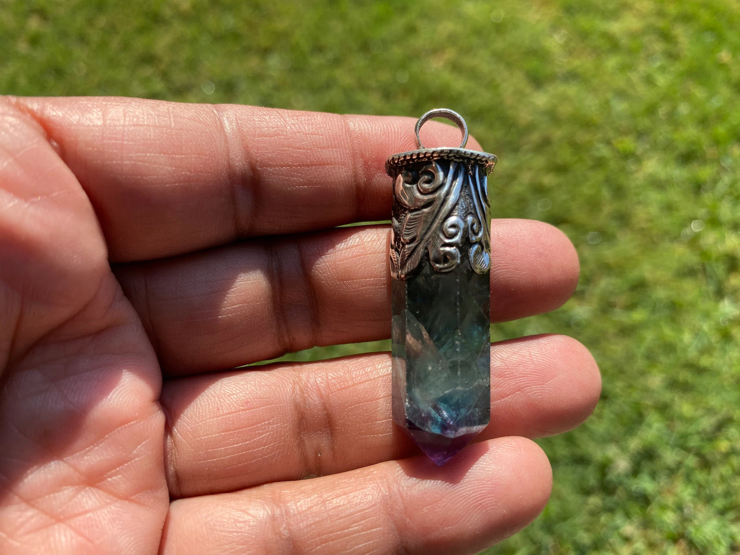 Pointed Fluorite Natural Stone Sterling Silver Pendant, Healing Point Crystal, Fluorite Gemstone Point, Rainbow Fluorite, Tibetan Pendant