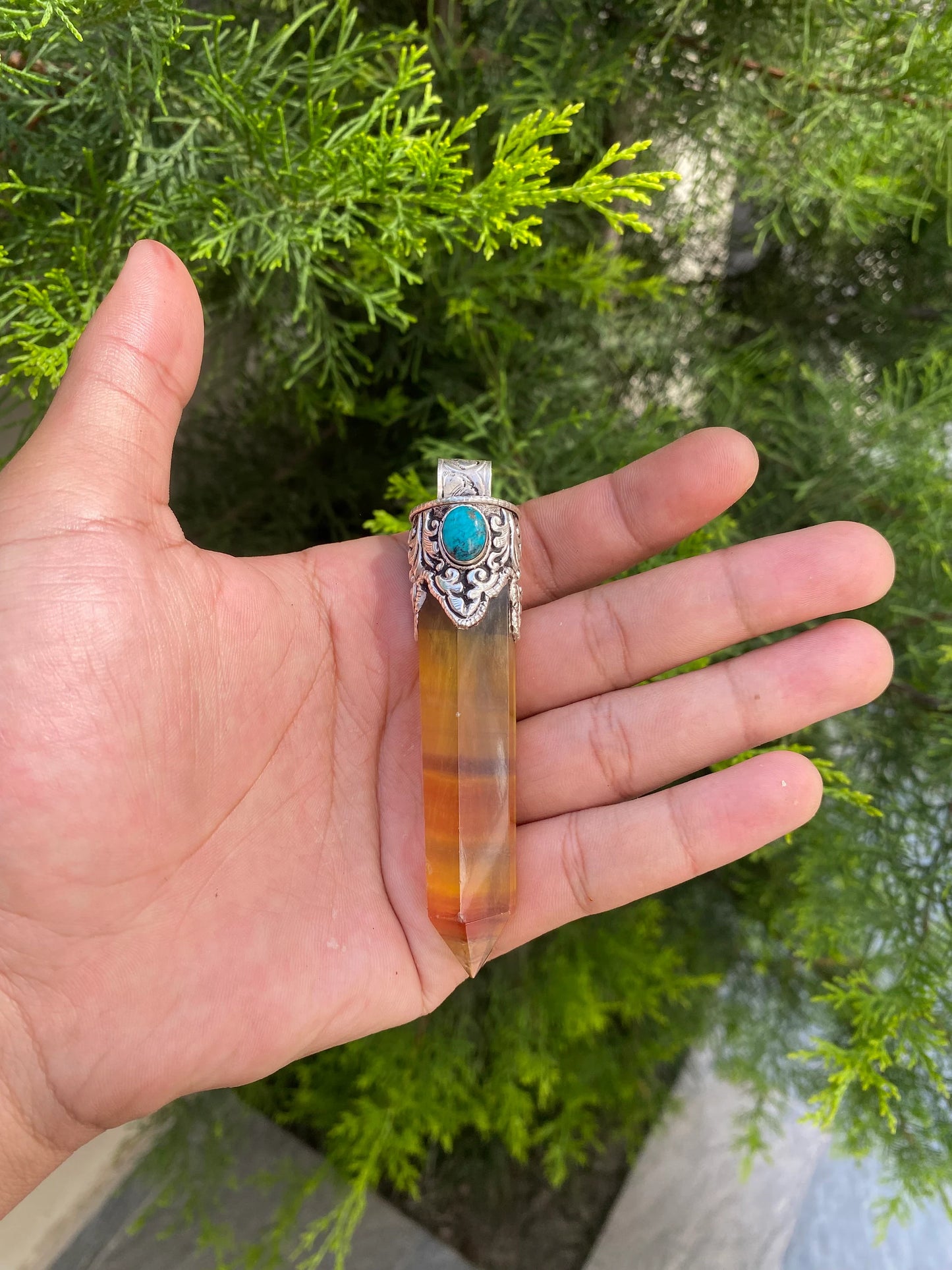 Pointed Fluorite Pendant in Sterling Silver with turquoise, Gift for your loved one or yourself.