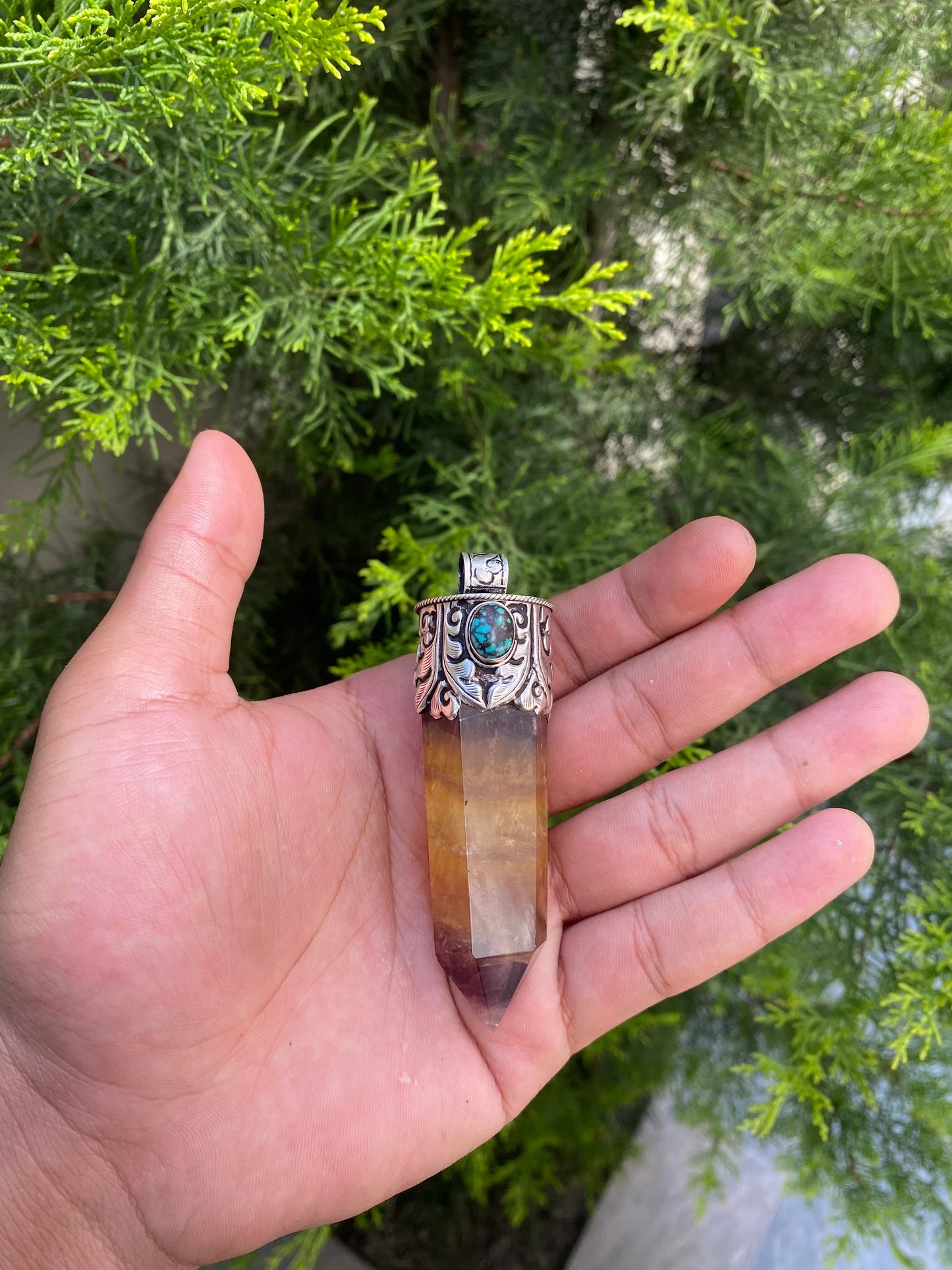 Pointed Fluorite Pendant in Sterling Silver with turquoise, Gift for your loved one or yourself.