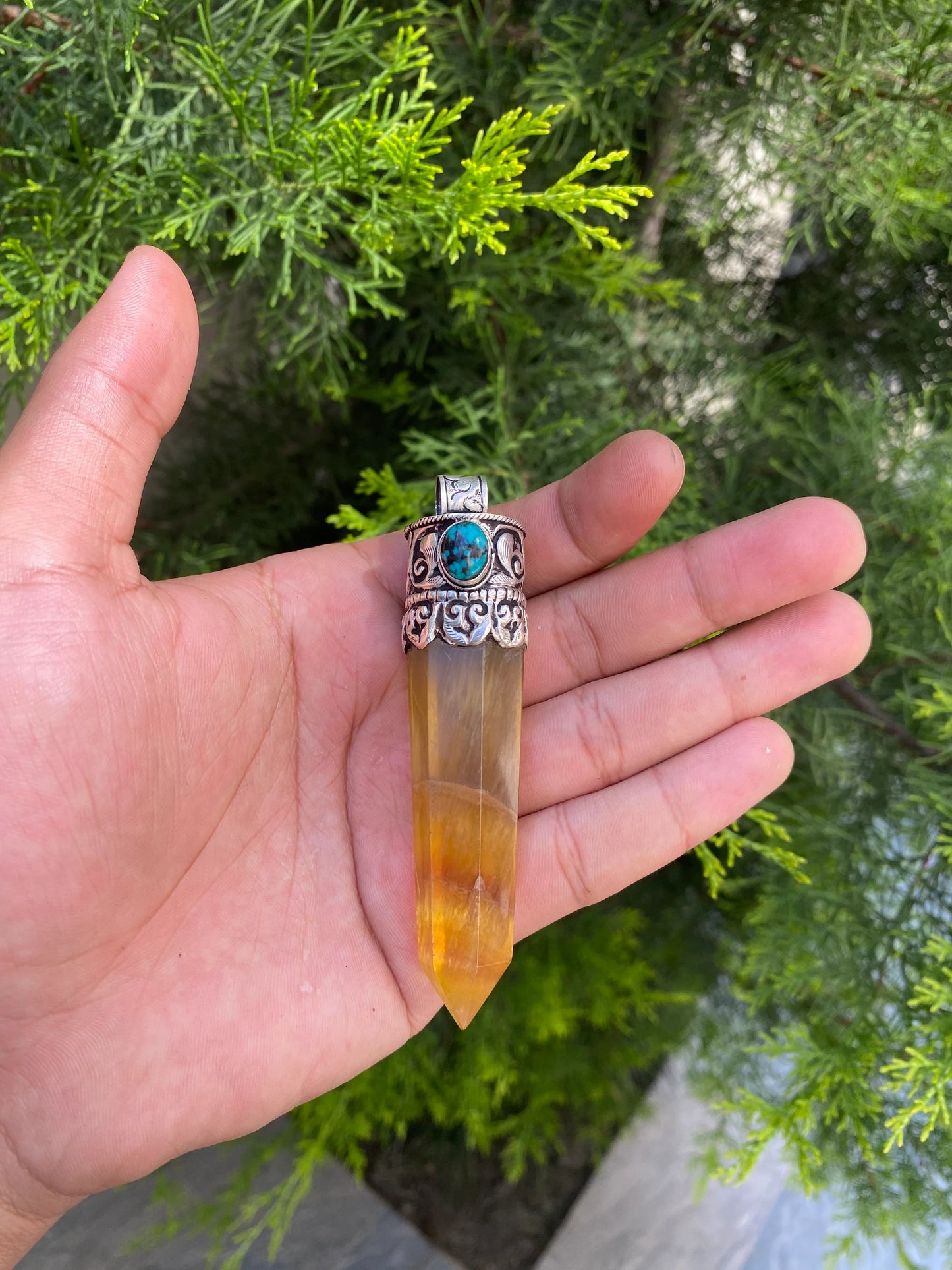 Pointed Fluorite Pendant in Sterling Silver with turquoise, Gift for your loved one or yourself.