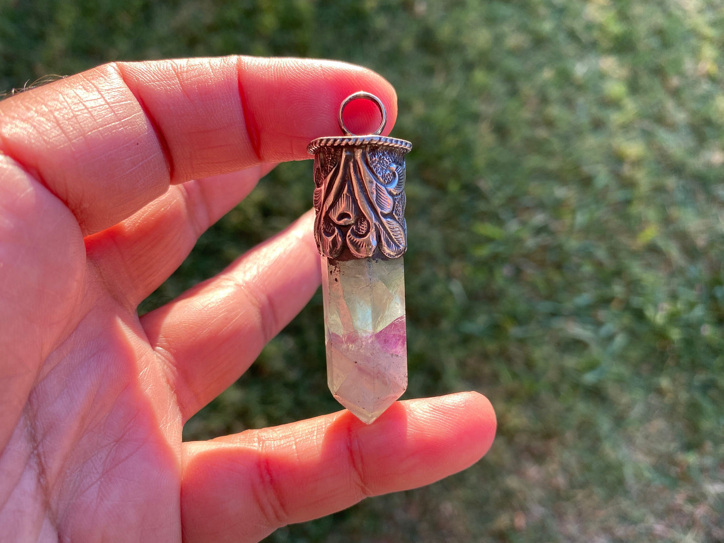 Pointed Fluorite Sterling Silver Pendant, Natural Green Gemstone, Healing Balance Pendant for Necklace, Meditation Grounding Calming Pendant