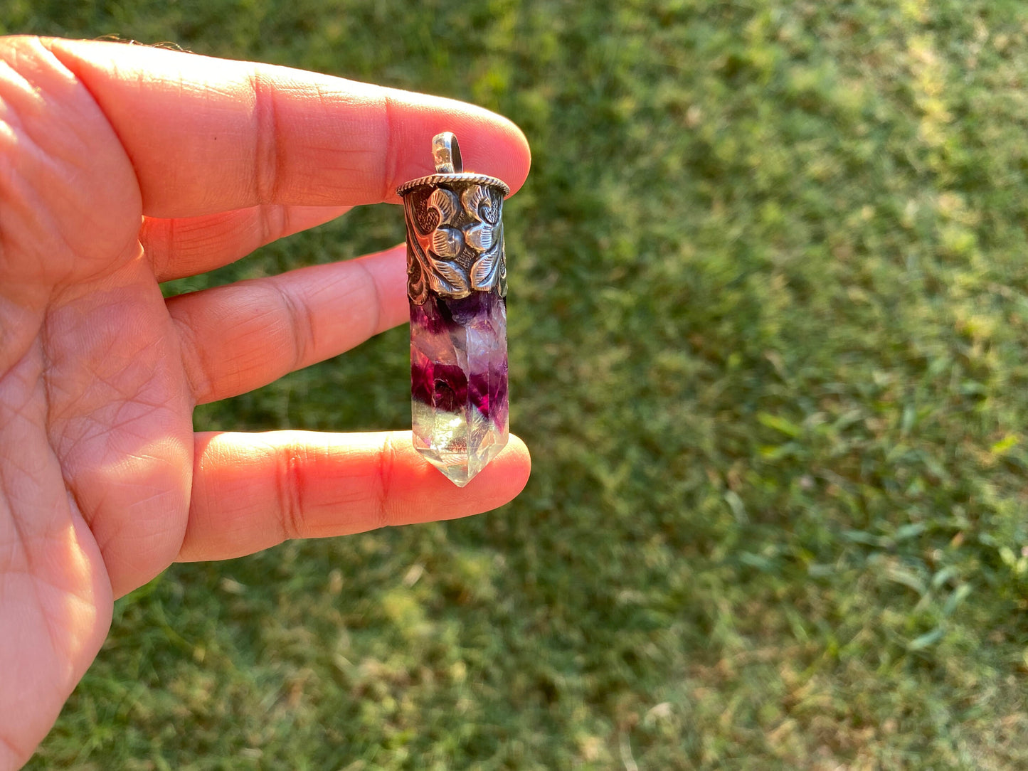 Pointed Fluorite Sterling Silver Pendant, Natural Green Gemstone, Healing Balance Pendant for Necklace, Meditation Grounding Calming Pendant