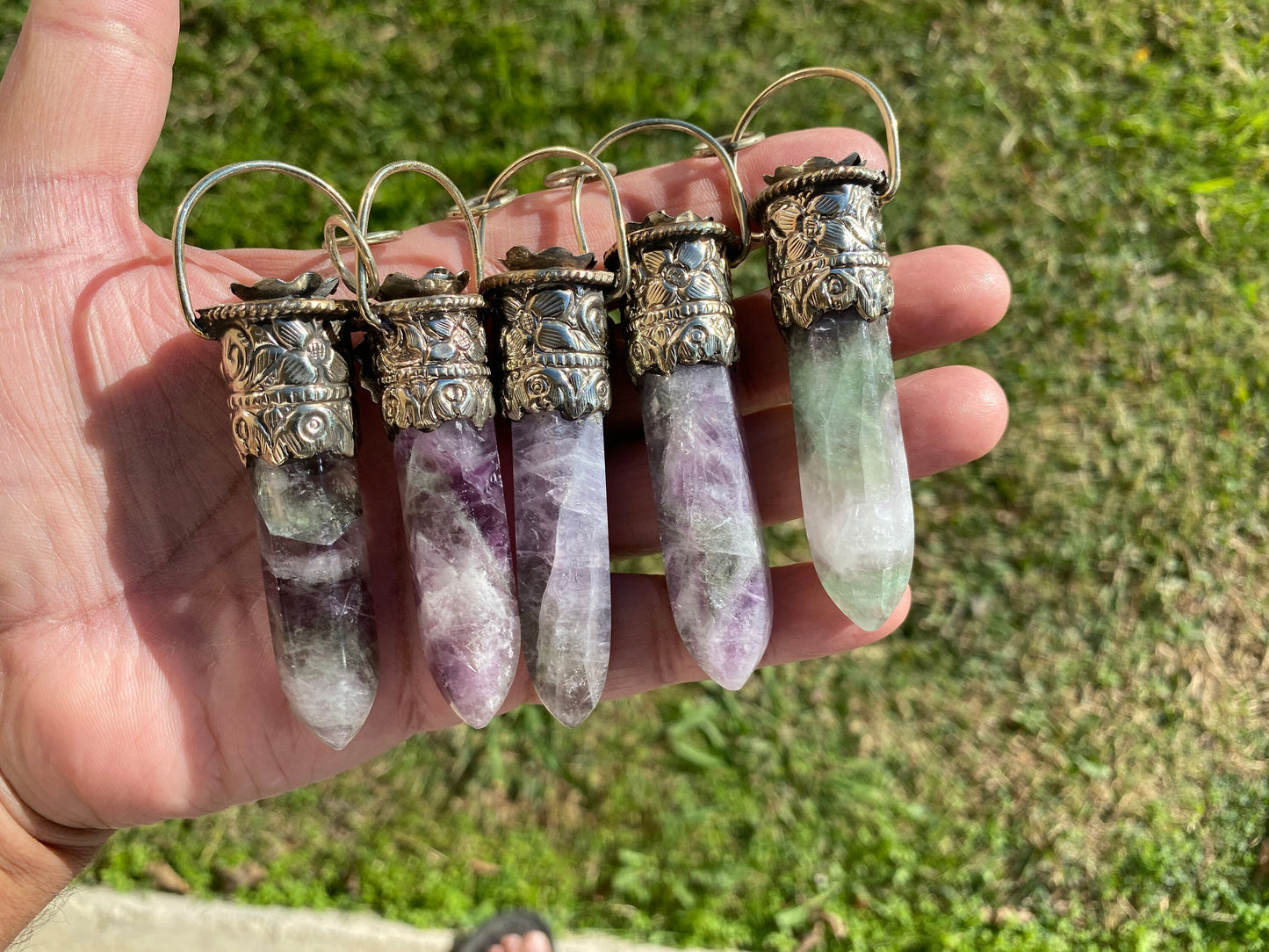 Pointed Fluorite Tibetan Silver Pendant, Unique Designs Jewelry, Crystal Point Bohemian Necklace, Vibrant Fluorite Stone Pendant, Gift Idea