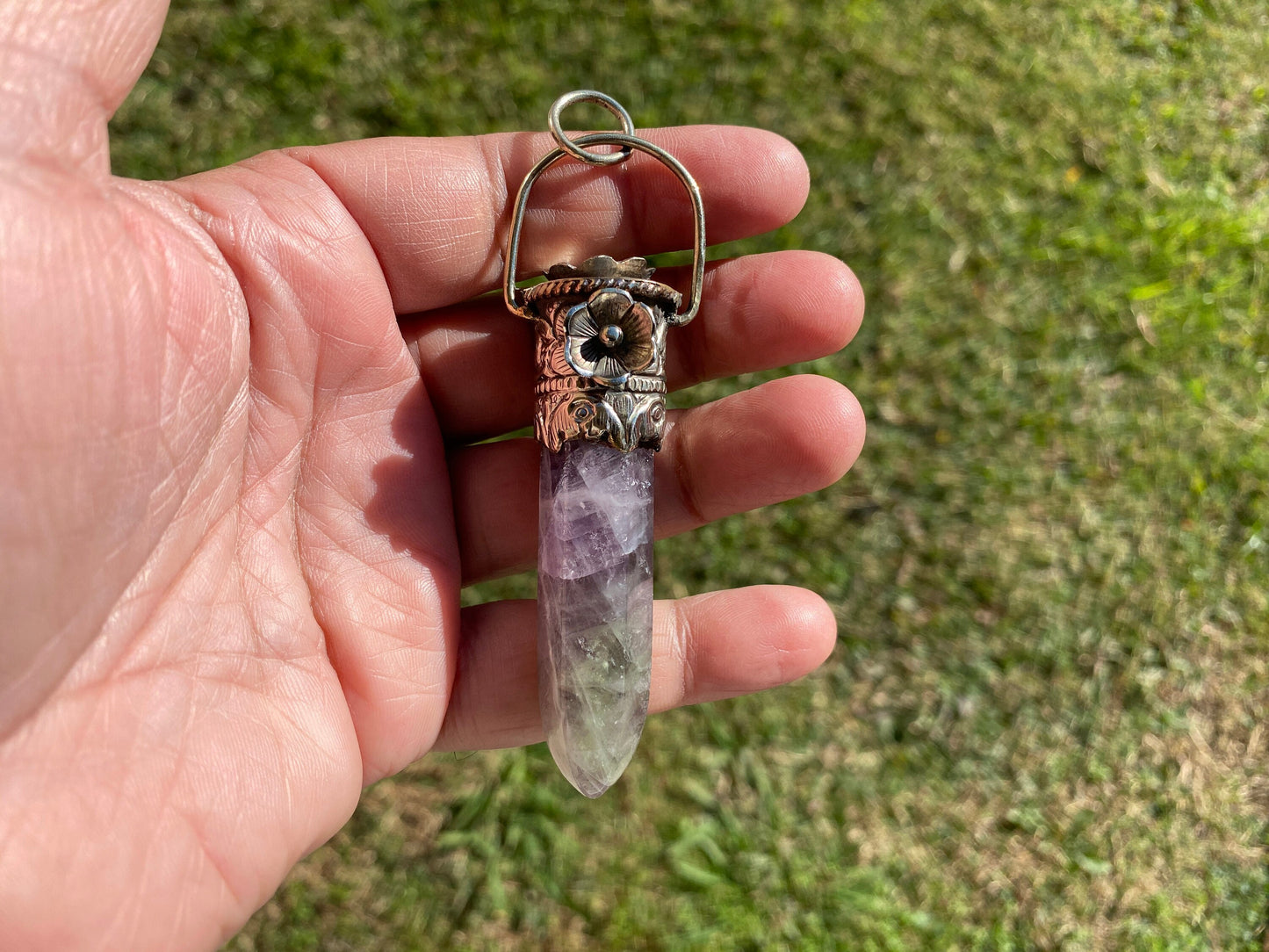 Pointed Fluorite Tibetan Silver Pendant, Unique Designs Jewelry, Crystal Point Bohemian Necklace, Vibrant Fluorite Stone Pendant, Gift Idea