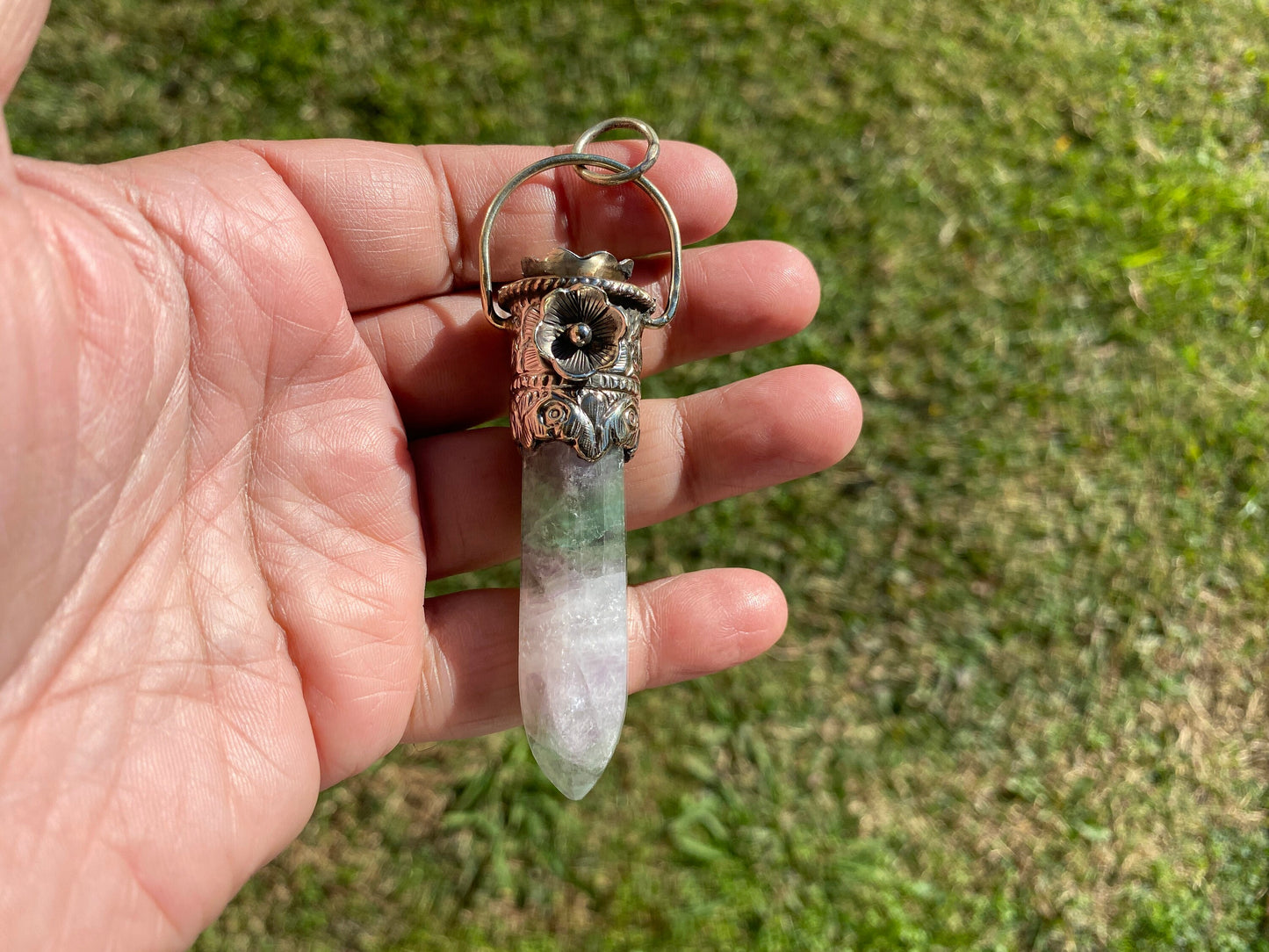Pointed Fluorite Tibetan Silver Pendant, Unique Designs Jewelry, Crystal Point Bohemian Necklace, Vibrant Fluorite Stone Pendant, Gift Idea
