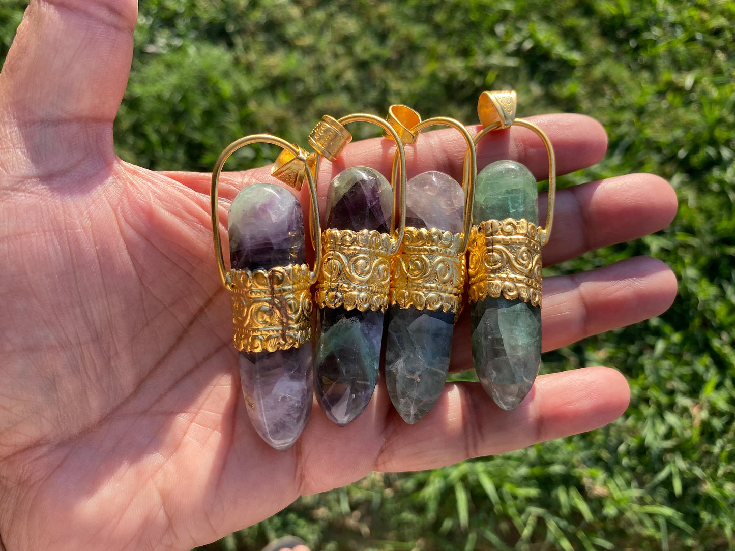Pointed Fluorite with Larimar Natural Stone Gold Overlay Pendant, Unique Design, Pendant for Necklace, Grounding Calm, Fashion Statement