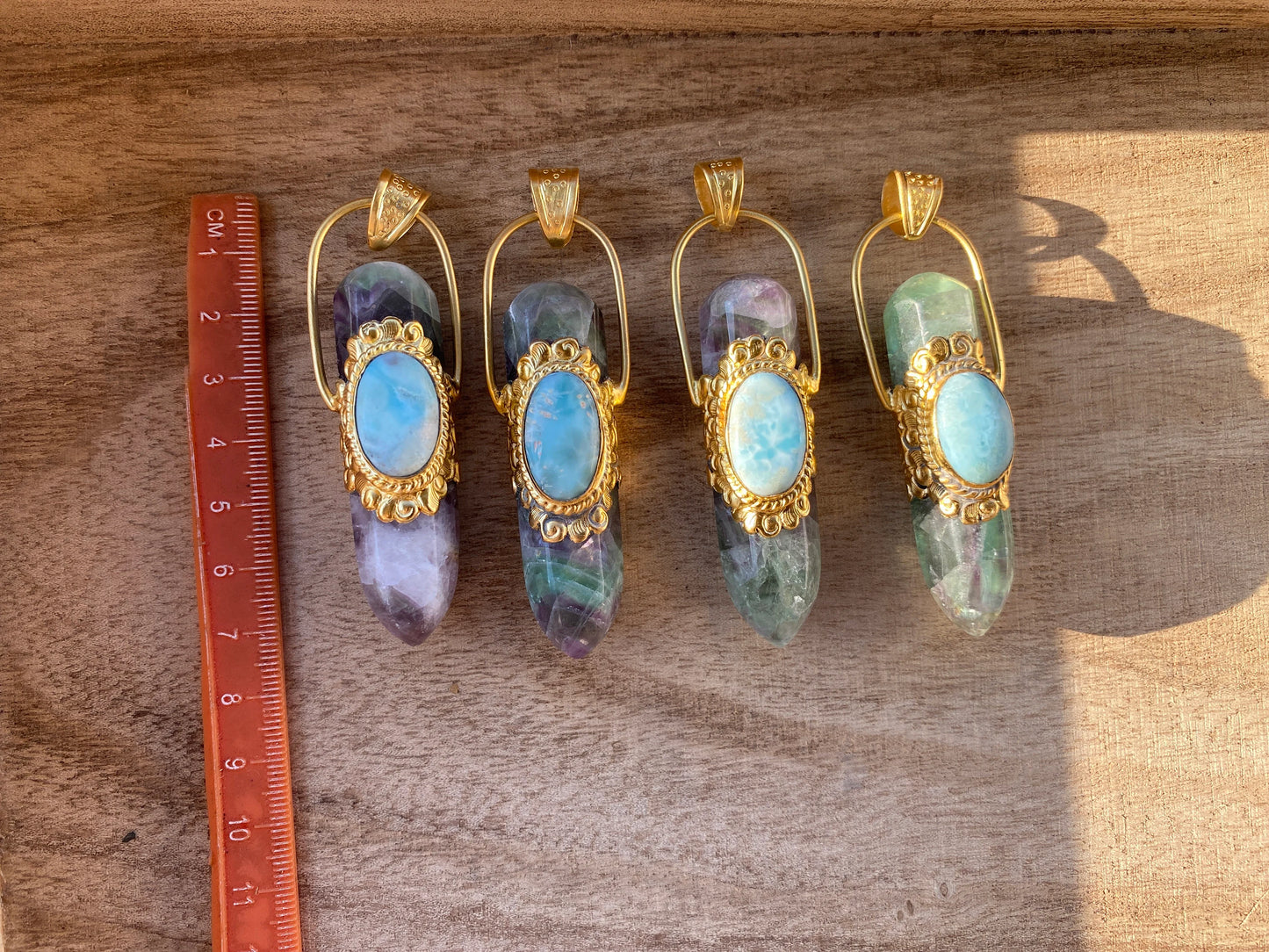 Pointed Fluorite with Larimar Natural Stone Gold Overlay Pendant, Unique Design, Pendant for Necklace, Grounding Calm, Fashion Statement