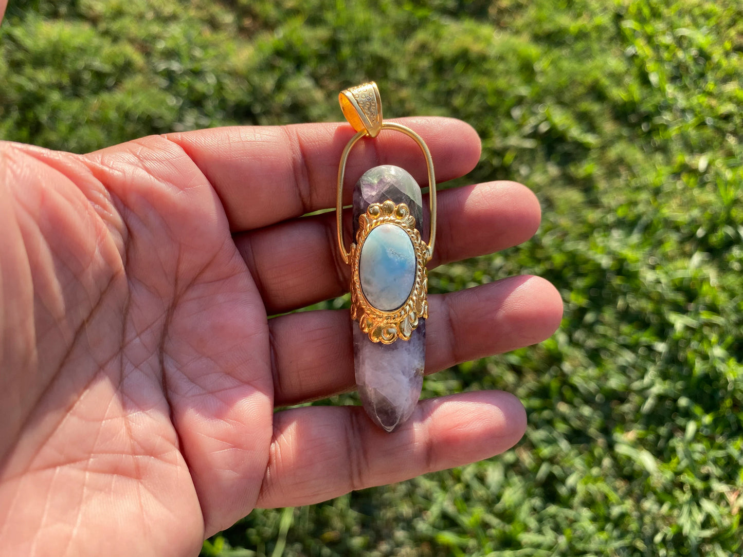 Pointed Fluorite with Larimar Natural Stone Gold Overlay Pendant, Unique Design, Pendant for Necklace, Grounding Calm, Fashion Statement