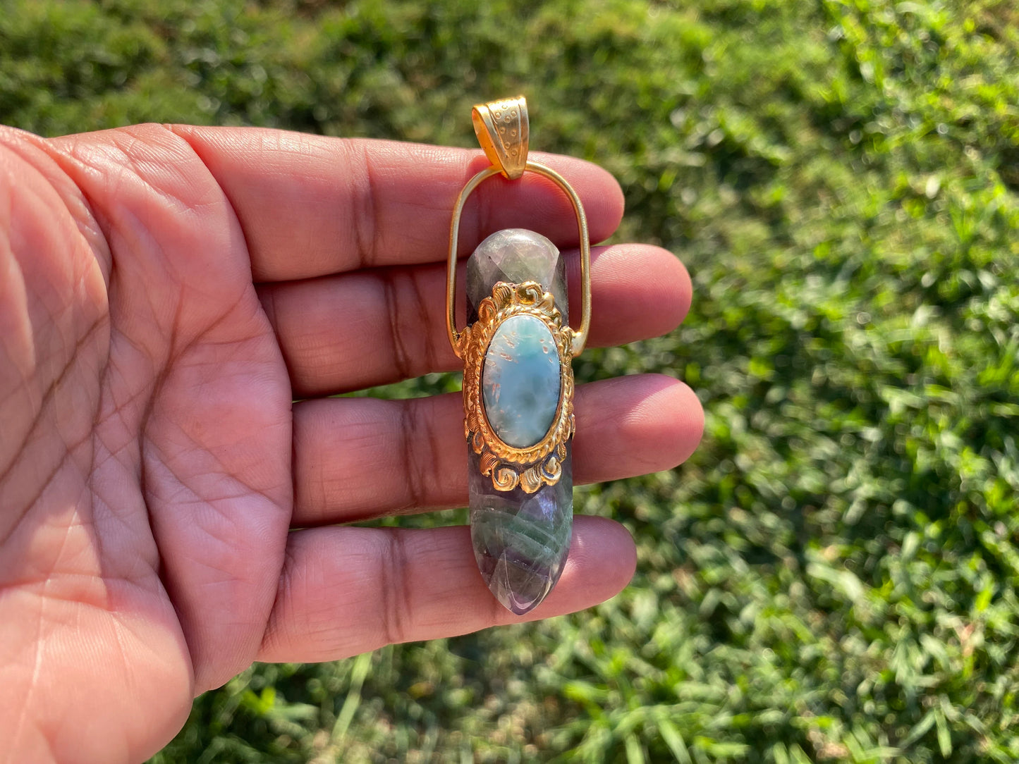 Pointed Fluorite with Larimar Natural Stone Gold Overlay Pendant, Unique Design, Pendant for Necklace, Grounding Calm, Fashion Statement