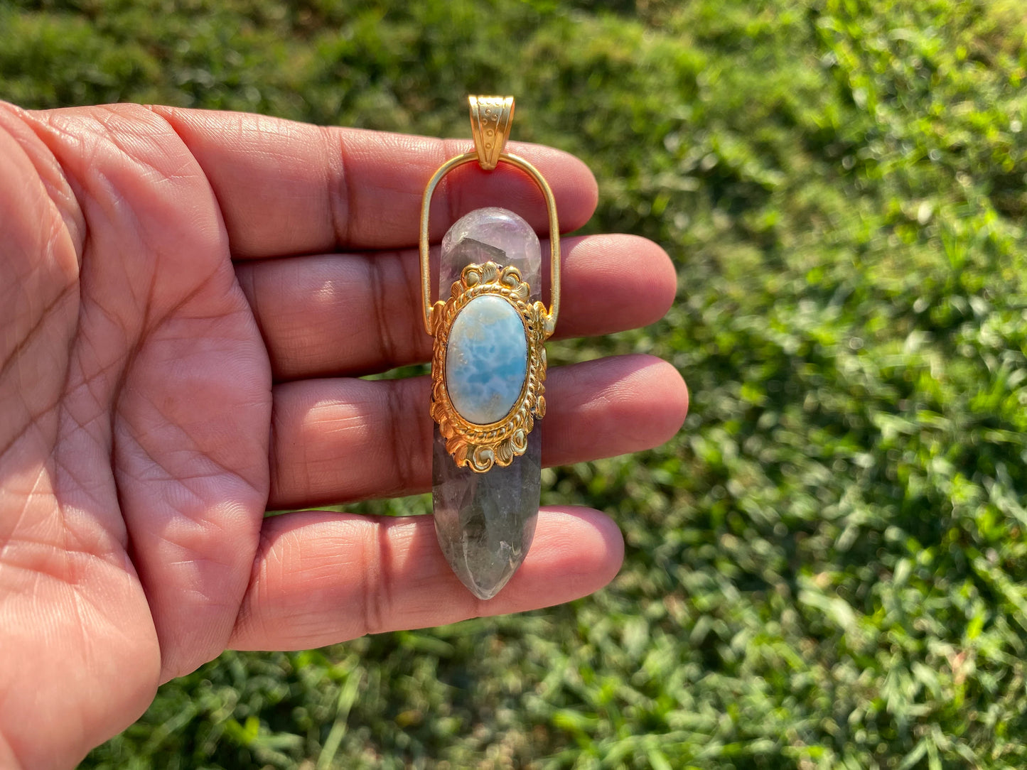 Pointed Fluorite with Larimar Natural Stone Gold Overlay Pendant, Unique Design, Pendant for Necklace, Grounding Calm, Fashion Statement