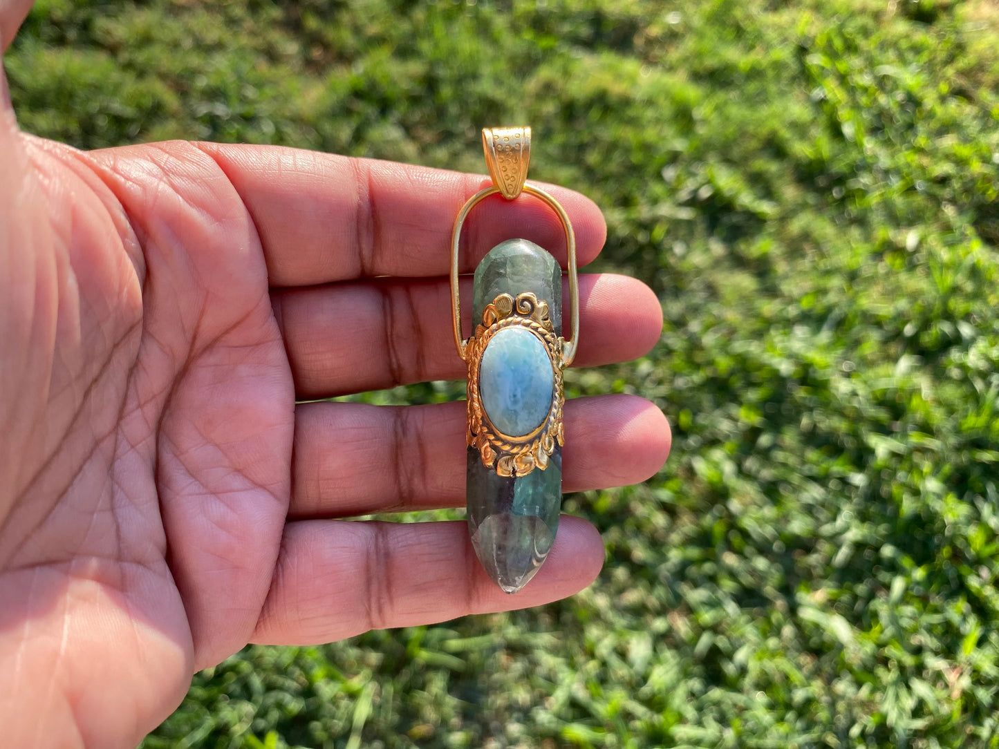 Pointed Fluorite with Larimar Natural Stone Gold Overlay Pendant, Unique Design, Pendant for Necklace, Grounding Calm, Fashion Statement