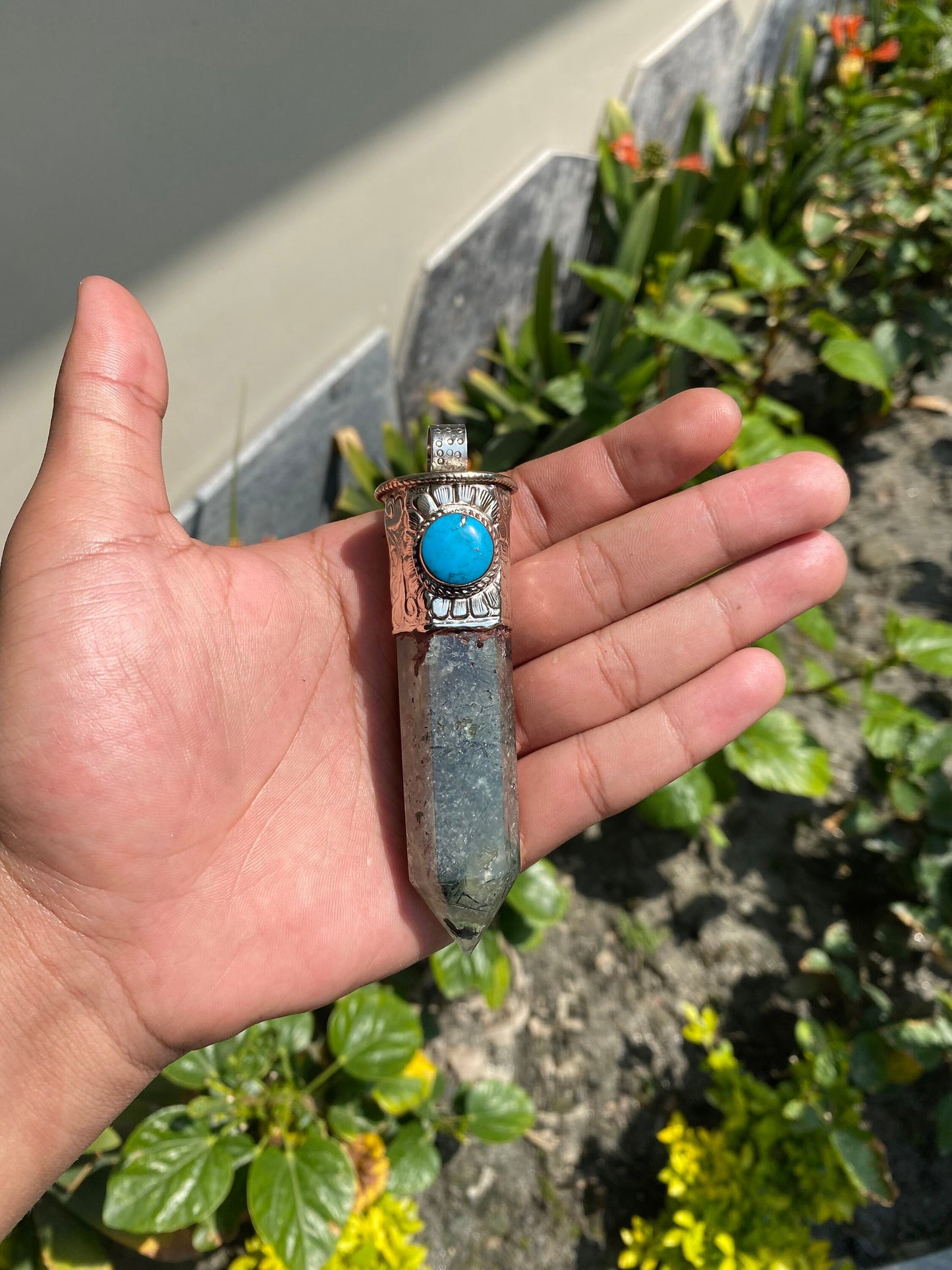 Pointed Labradorite or Prehnite with Turquoise Tibetan Silver Pendent , Handcrafted Pointed Labradorite and Prehnite for Necklace
