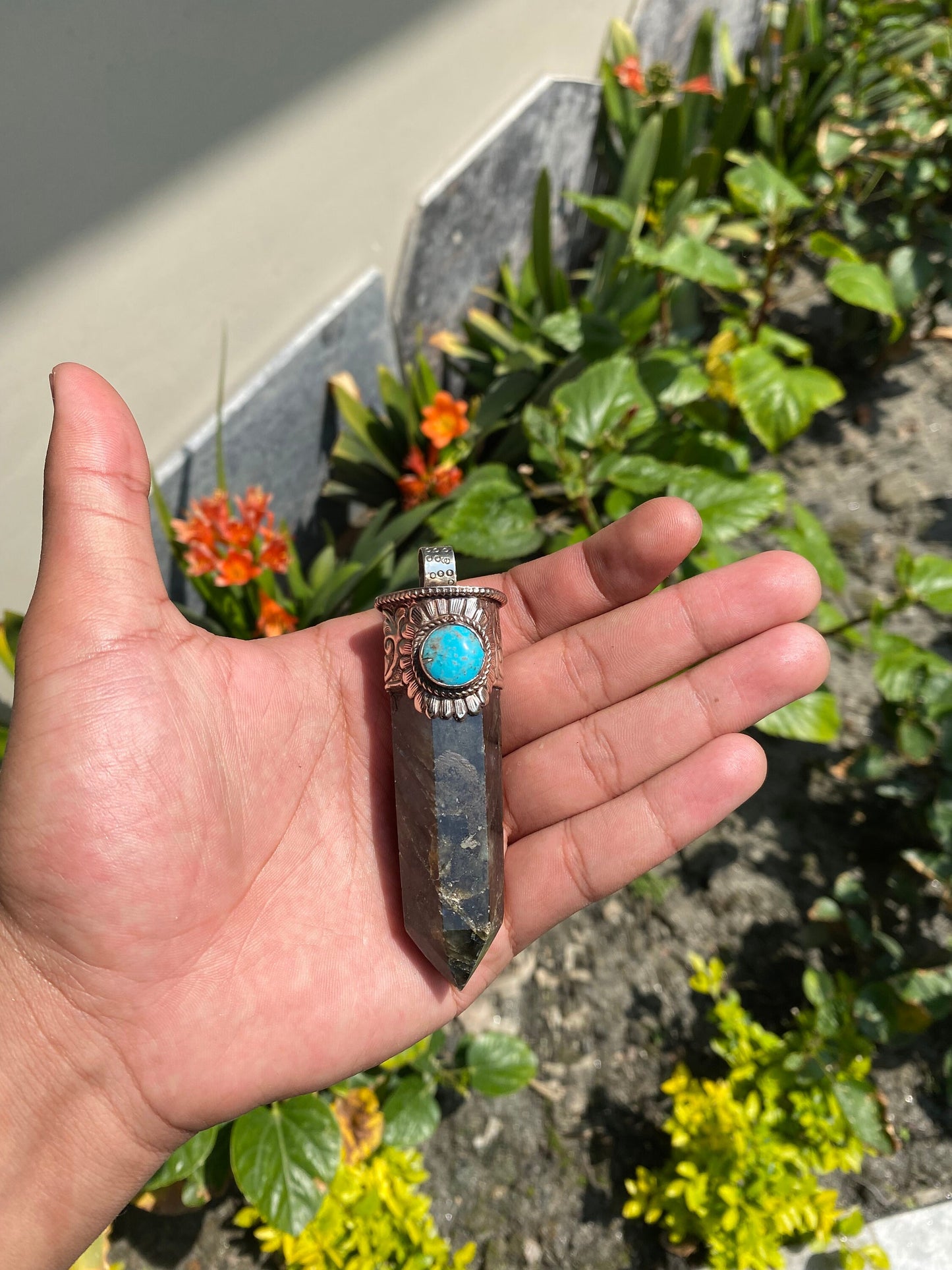 Pointed Labradorite or Prehnite with Turquoise Tibetan Silver Pendent , Handcrafted Pointed Labradorite and Prehnite for Necklace
