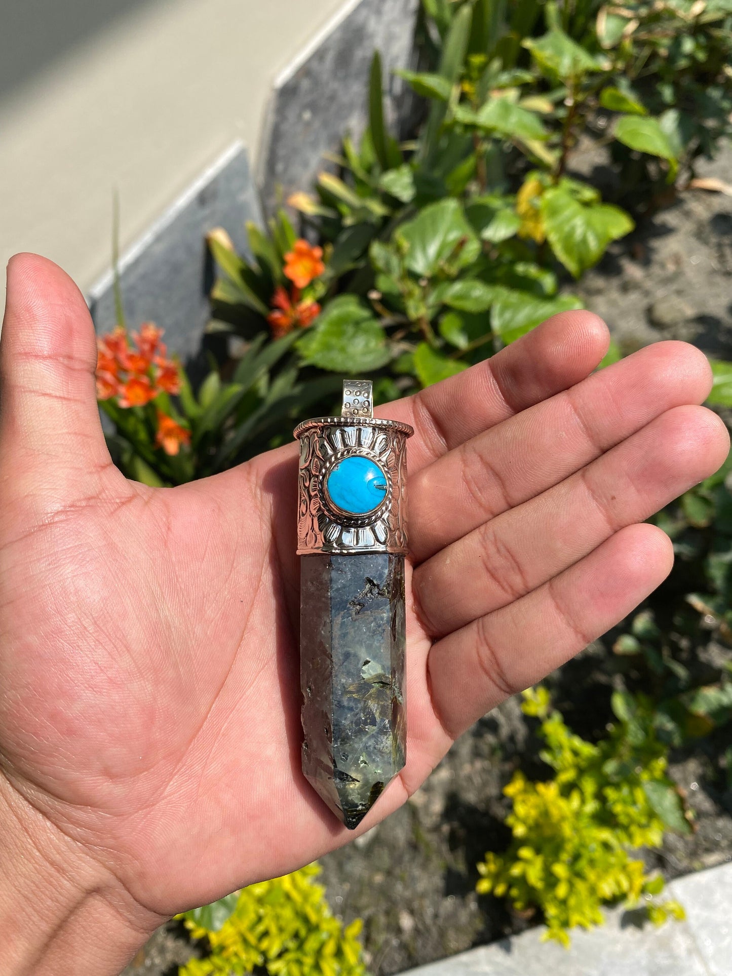 Pointed Labradorite or Prehnite with Turquoise Tibetan Silver Pendent , Handcrafted Pointed Labradorite and Prehnite for Necklace