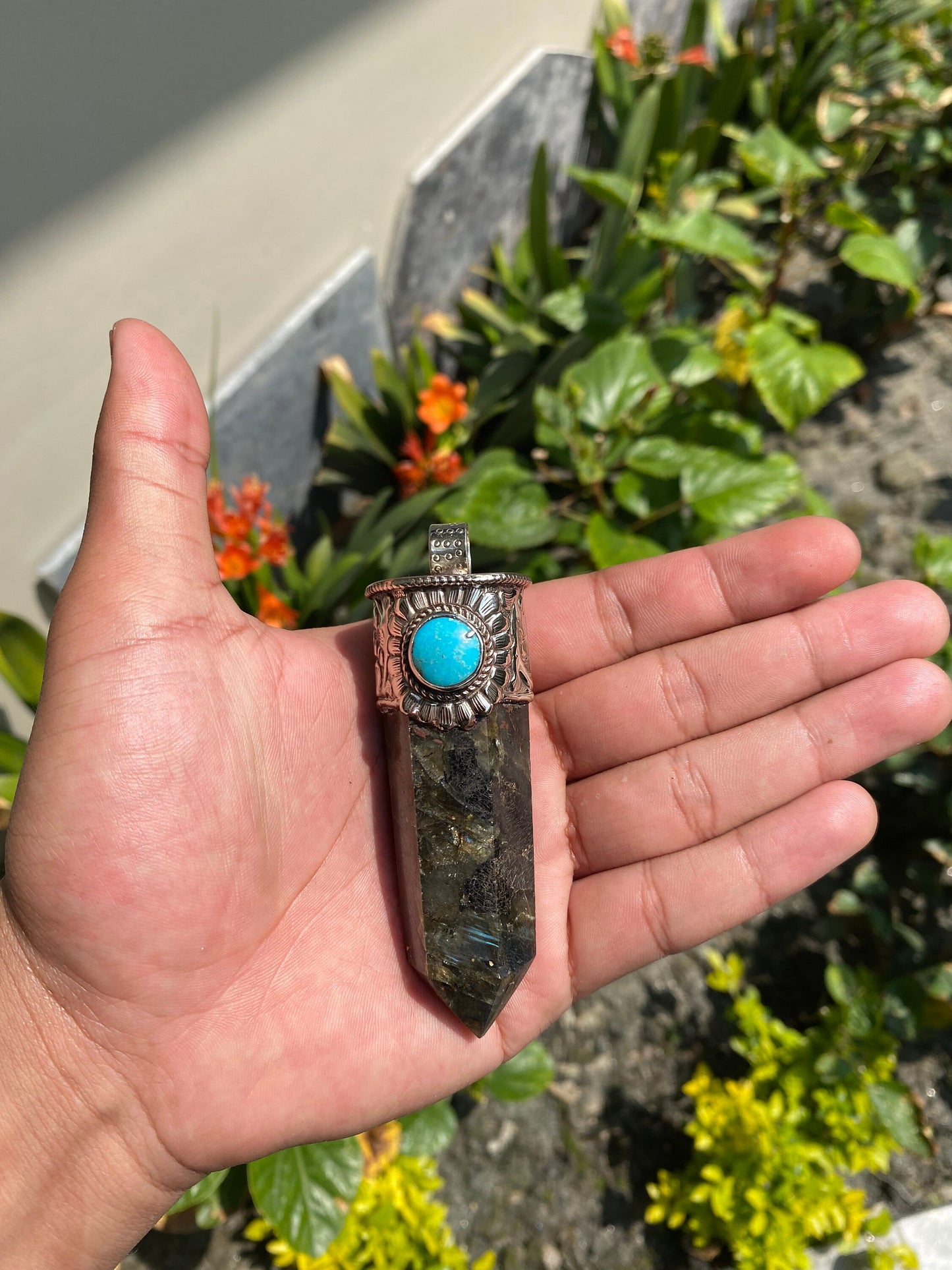 Pointed Labradorite or Prehnite with Turquoise Tibetan Silver Pendent , Handcrafted Pointed Labradorite and Prehnite for Necklace