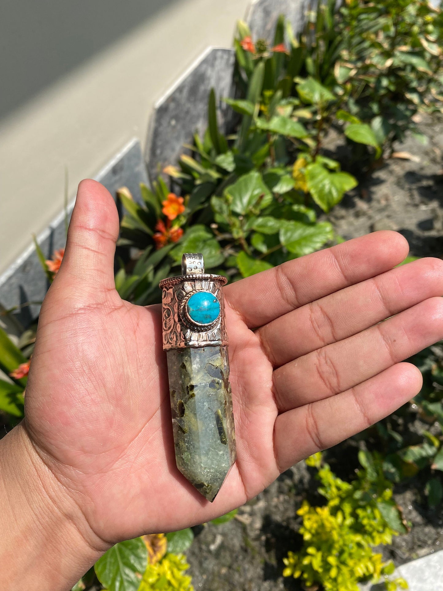 Pointed Labradorite or Prehnite with Turquoise Tibetan Silver Pendent , Handcrafted Pointed Labradorite and Prehnite for Necklace