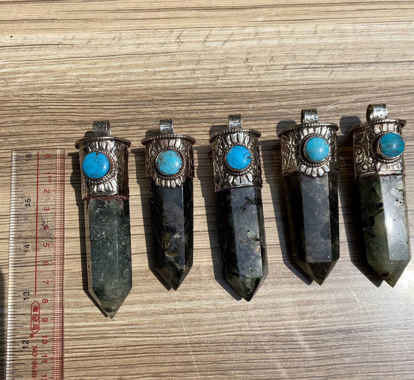 Pointed Labradorite or Prehnite with Turquoise Tibetan Silver Pendent , Handcrafted Pointed Labradorite and Prehnite for Necklace