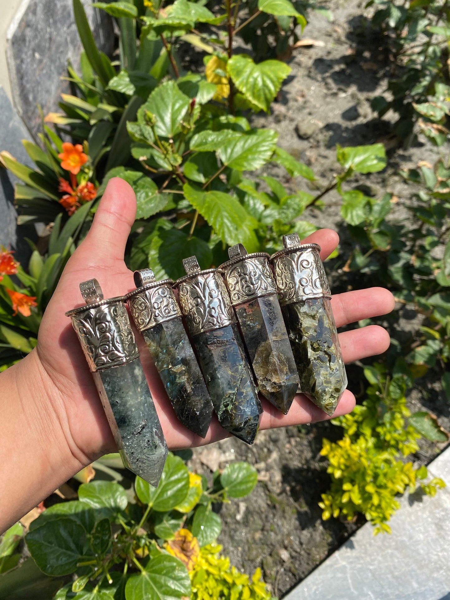 Pointed Labradorite or Prehnite with Turquoise Tibetan Silver Pendent , Handcrafted Pointed Labradorite and Prehnite for Necklace