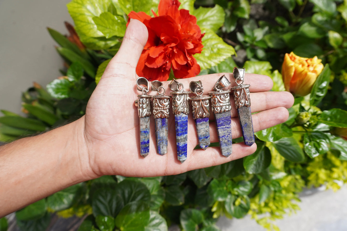 Pointed Lapis Lazuli with Red Coral Tibetan Silver Pendant | Handmade in Nepal, Natural Stone Jewelry for him/her Gift, Unique Jewelry