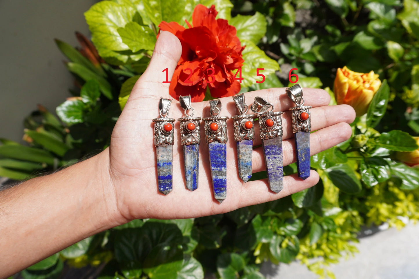 Pointed Lapis Lazuli with Red Coral Tibetan Silver Pendant | Handmade in Nepal, Natural Stone Jewelry for him/her Gift, Unique Jewelry