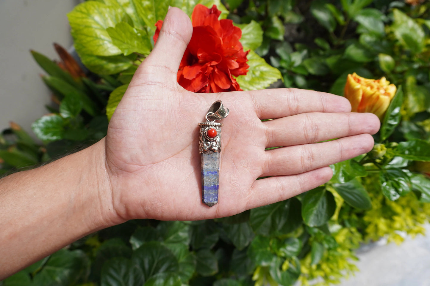 Pointed Lapis Lazuli with Red Coral Tibetan Silver Pendant | Handmade in Nepal, Natural Stone Jewelry for him/her Gift, Unique Jewelry