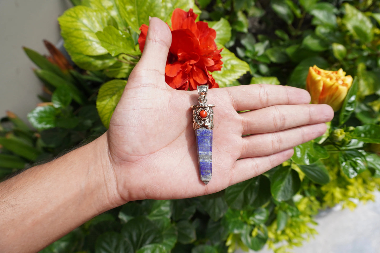 Pointed Lapis Lazuli with Red Coral Tibetan Silver Pendant | Handmade in Nepal, Natural Stone Jewelry for him/her Gift, Unique Jewelry