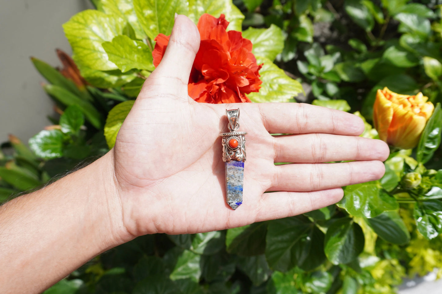 Pointed Lapis Lazuli with Red Coral Tibetan Silver Pendant | Handmade in Nepal, Natural Stone Jewelry for him/her Gift, Unique Jewelry