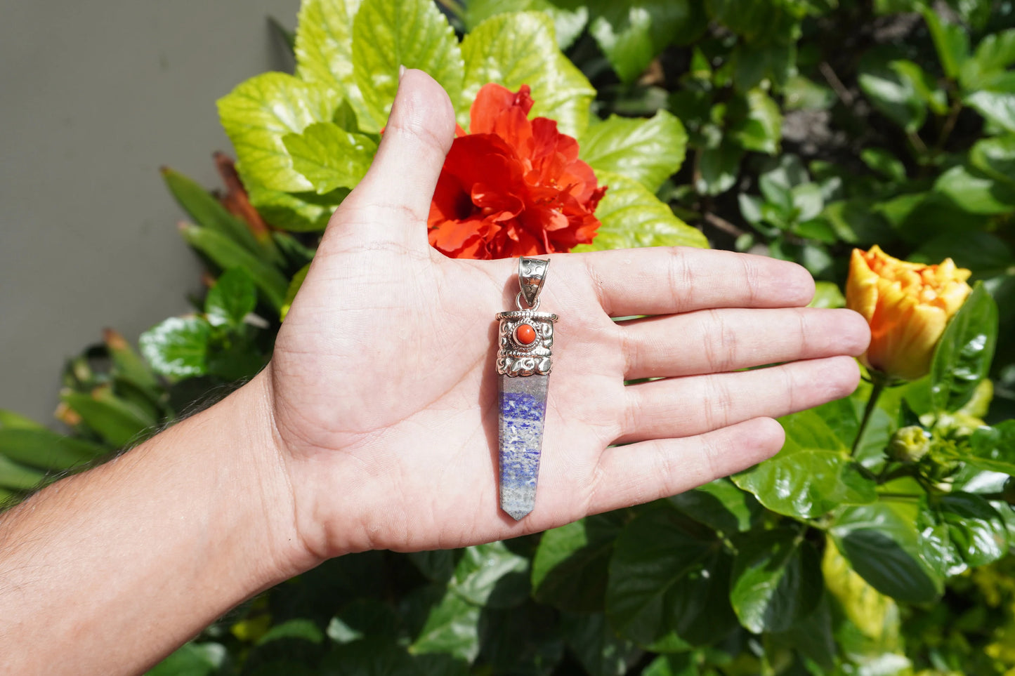 Pointed Lapis Lazuli with Red Coral Tibetan Silver Pendant | Handmade in Nepal, Natural Stone Jewelry for him/her Gift, Unique Jewelry