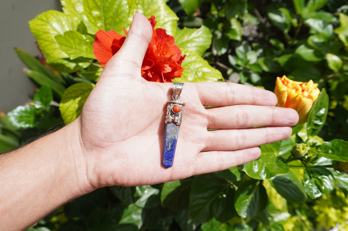 Pointed Lapis Lazuli with Red Coral Tibetan Silver Pendant | Handmade in Nepal, Natural Stone Jewelry for him/her Gift, Unique Jewelry
