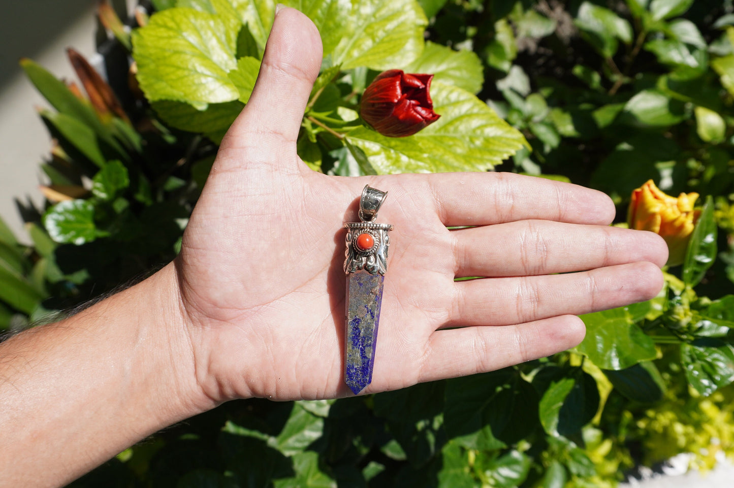 Pointed Lapis Lazuli with Red Coral Tibetan Silver Pendant for Necklace | High-Quality Gemstone Jewelry, Unisex Pendant, Birthstone