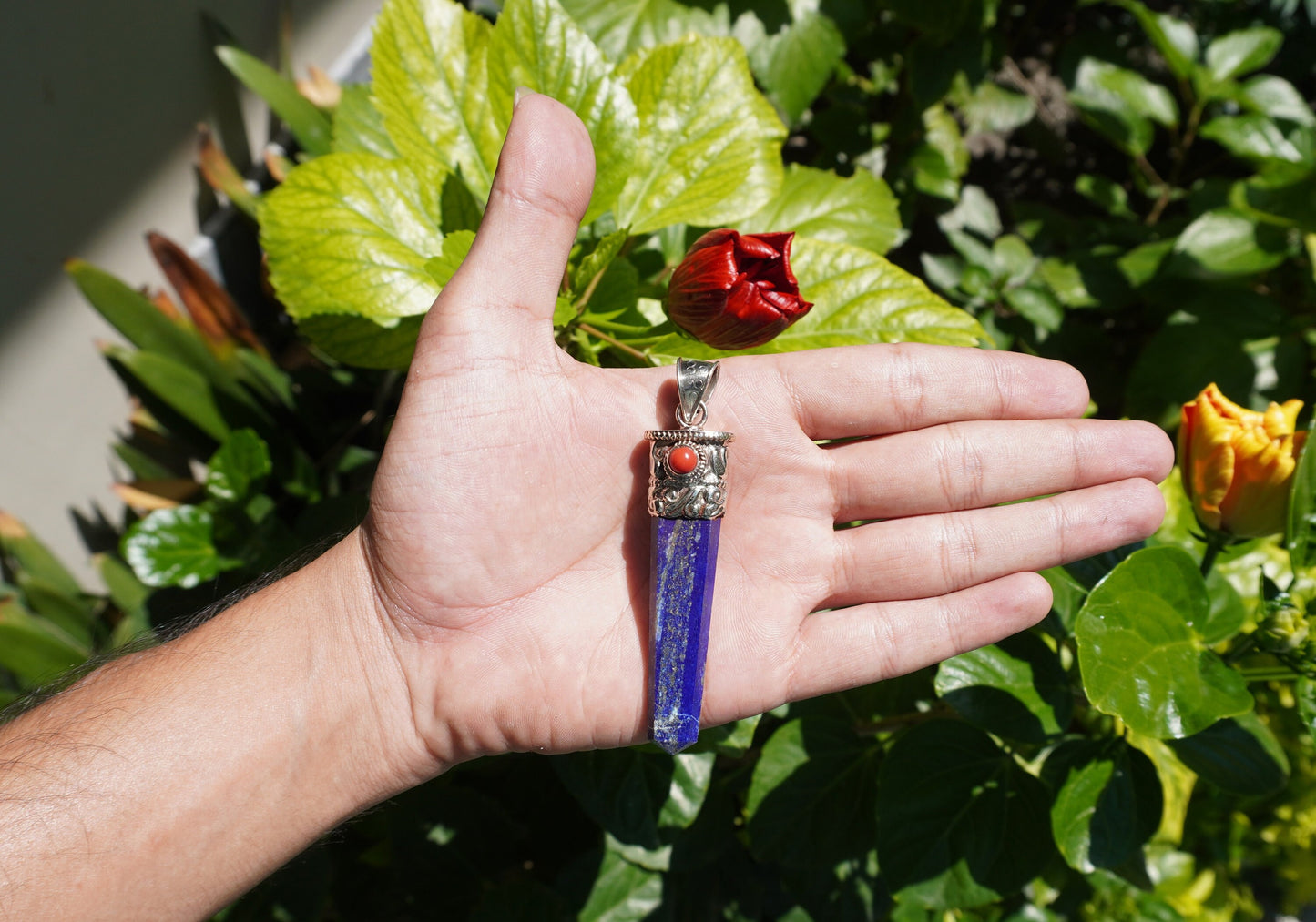Pointed Lapis Lazuli with Red Coral Tibetan Silver Pendant for Necklace | High-Quality Gemstone Jewelry, Unisex Pendant, Birthstone