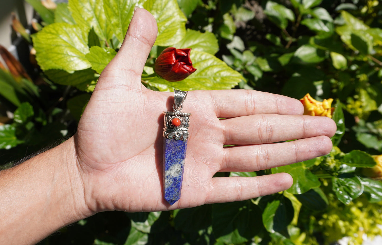 Pointed Lapis Lazuli with Red Coral Tibetan Silver Pendant for Necklace | High-Quality Gemstone Jewelry, Unisex Pendant, Birthstone