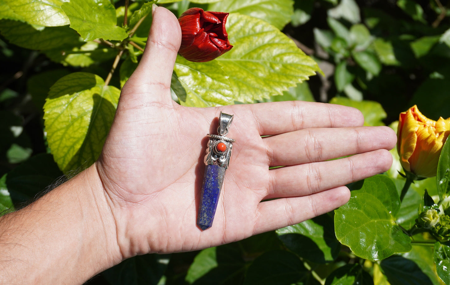 Pointed Lapis Lazuli with Red Coral Tibetan Silver Pendant for Necklace | High-Quality Gemstone Jewelry, Unisex Pendant, Birthstone