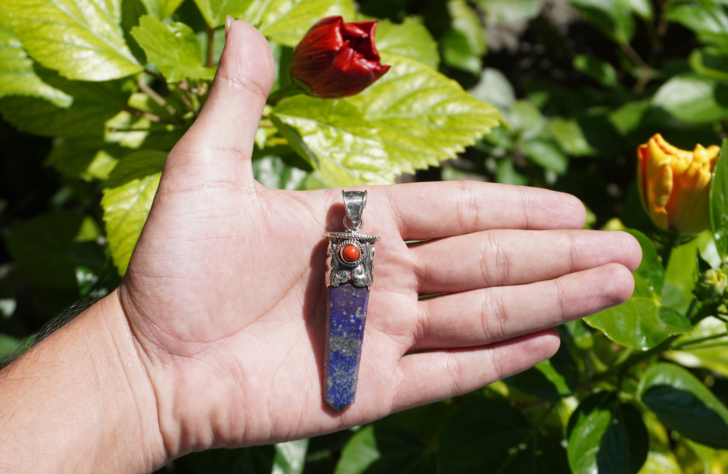Pointed Lapis Lazuli with Red Coral Tibetan Silver Pendant for Necklace | High-Quality Gemstone Jewelry, Unisex Pendant, Birthstone