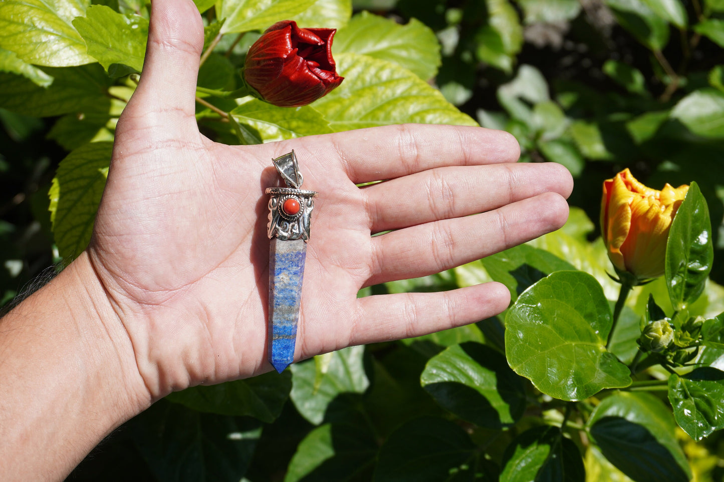 Pointed Lapis Lazuli with Red Coral Tibetan Silver Pendant for Necklace | High-Quality Gemstone Jewelry, Unisex Pendant, Birthstone