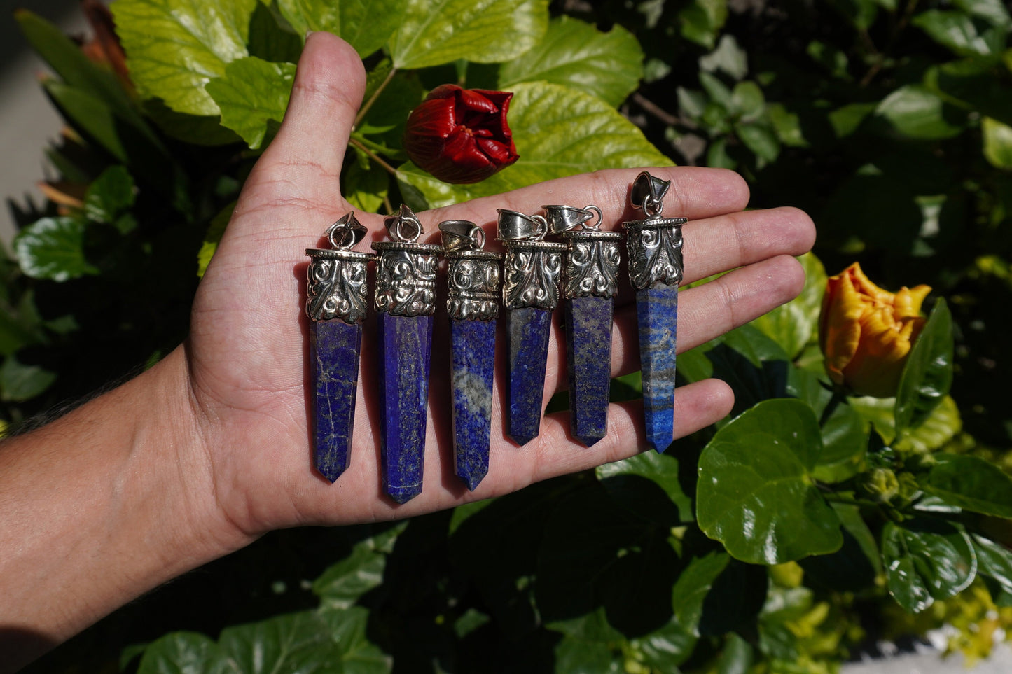 Pointed Lapis Lazuli with Red Coral Tibetan Silver Pendant for Necklace | High-Quality Gemstone Jewelry, Unisex Pendant, Birthstone