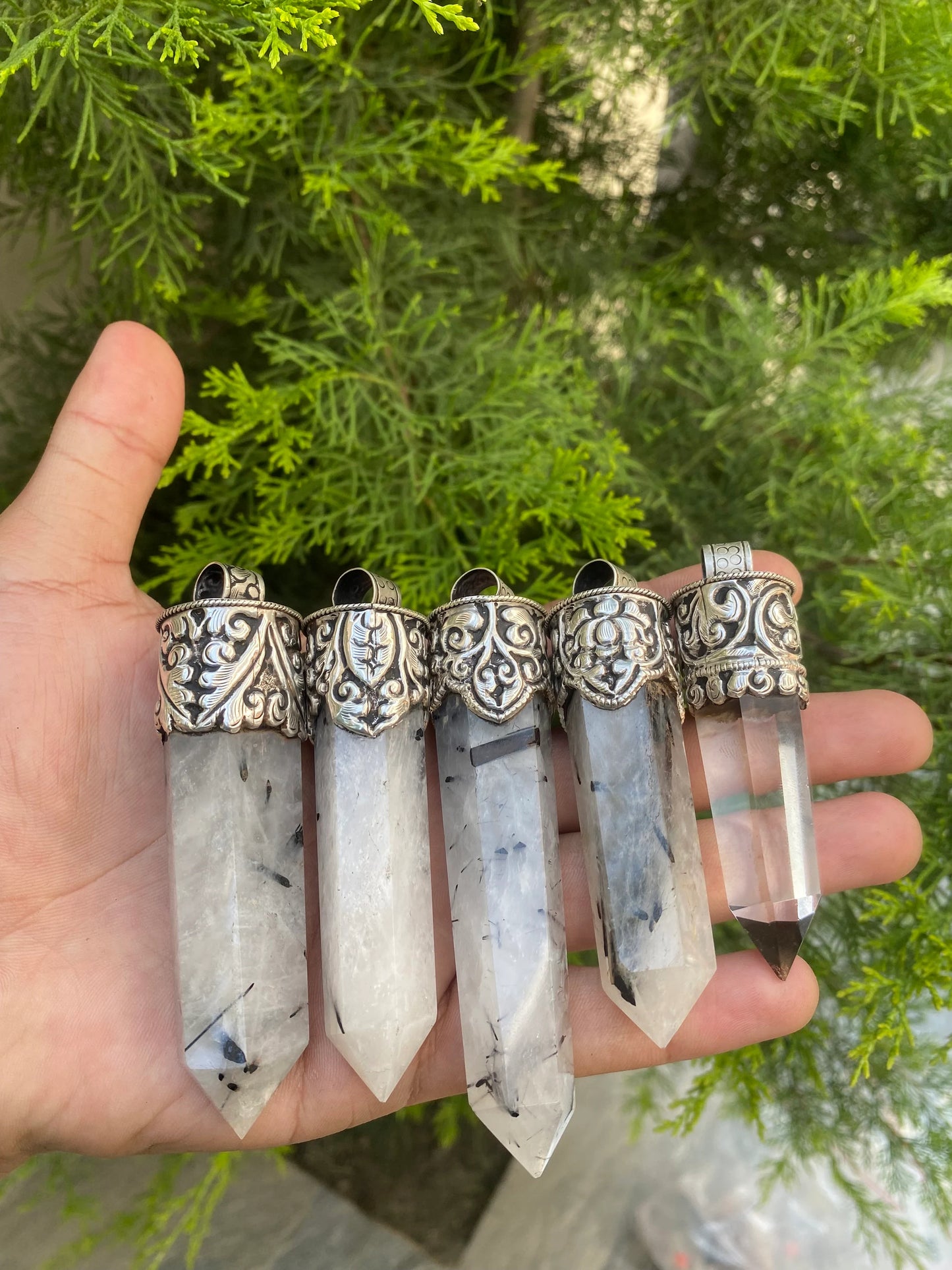 Pointed Moon Stone and Crystal with Coral, Crystal and Coral Crowned Pointed Moon Stone Pendant.