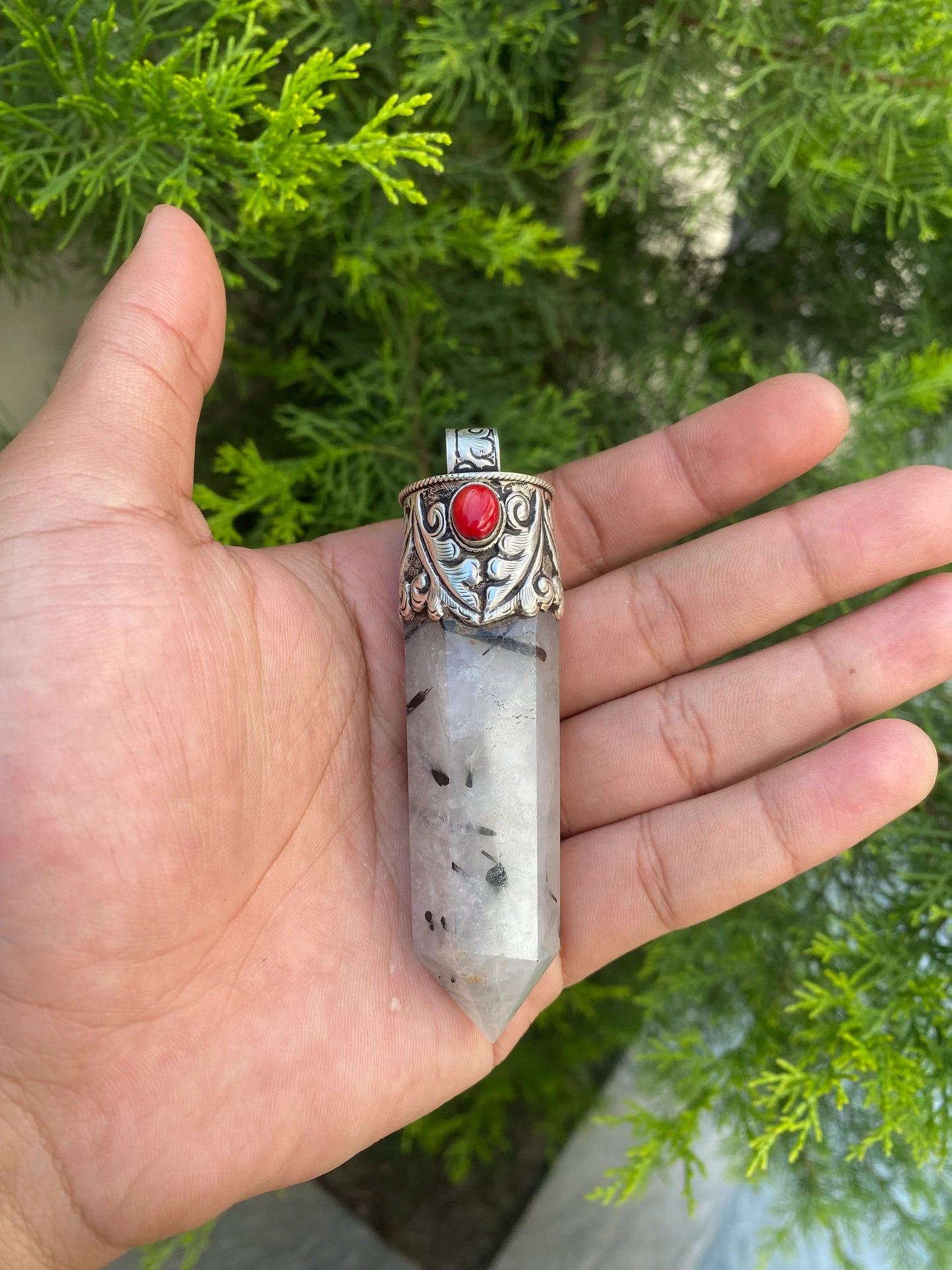 Pointed Moon Stone and Crystal with Coral, Crystal and Coral Crowned Pointed Moon Stone Pendant.