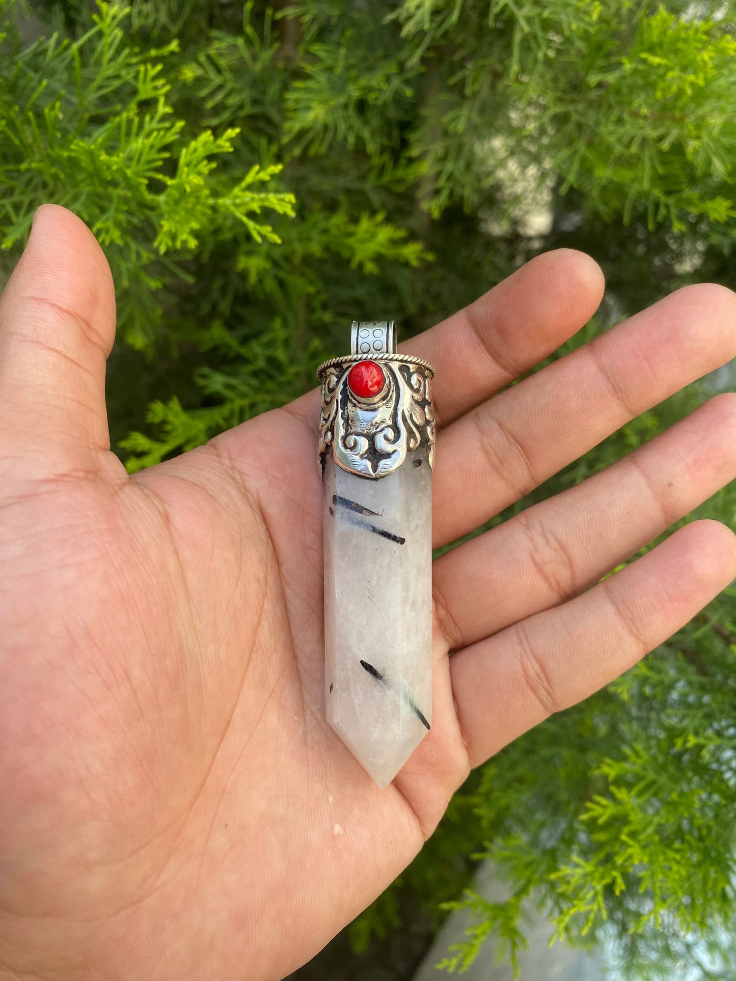 Pointed Moon Stone and Crystal with Coral, Crystal and Coral Crowned Pointed Moon Stone Pendant.