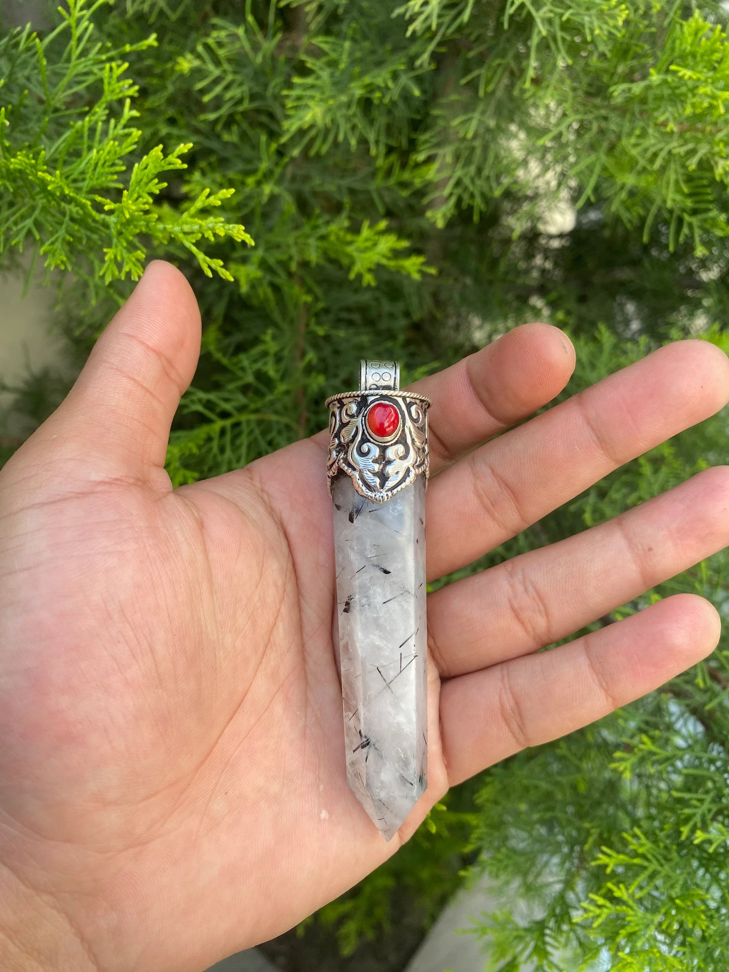 Pointed Moon Stone and Crystal with Coral, Crystal and Coral Crowned Pointed Moon Stone Pendant.