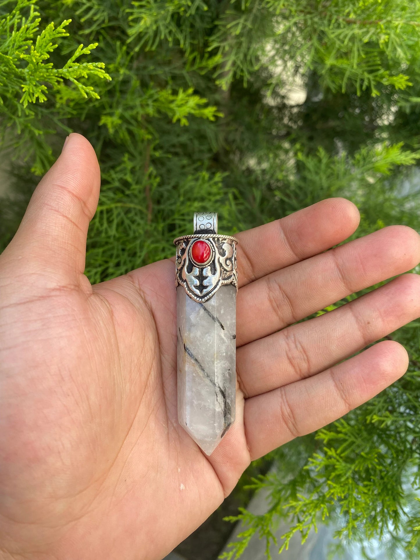 Pointed Moon Stone and Crystal with Coral, Crystal and Coral Crowned Pointed Moon Stone Pendant.