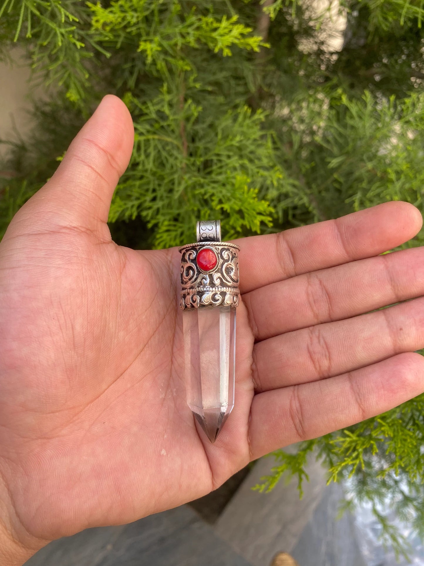 Pointed Moon Stone and Crystal with Coral, Crystal and Coral Crowned Pointed Moon Stone Pendant.